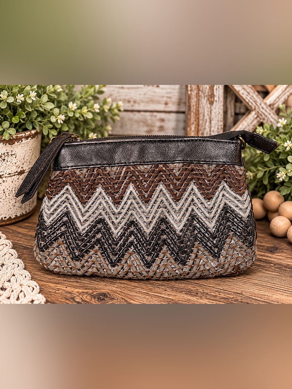 Big Buddha Woven Chevron Wristlet Clutch Metallic Brown Cream Black Boho